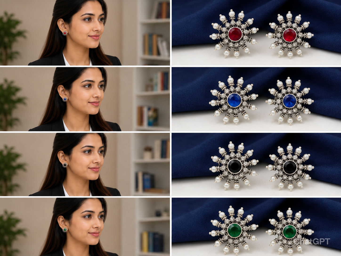 Oxidised Silver 4 in 1 Stone Stud Earrings for Women
