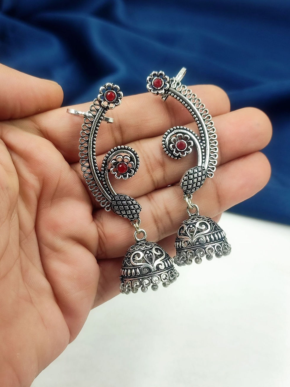 Oxidised Silver Earcuff with Jhumki Earrings for Women