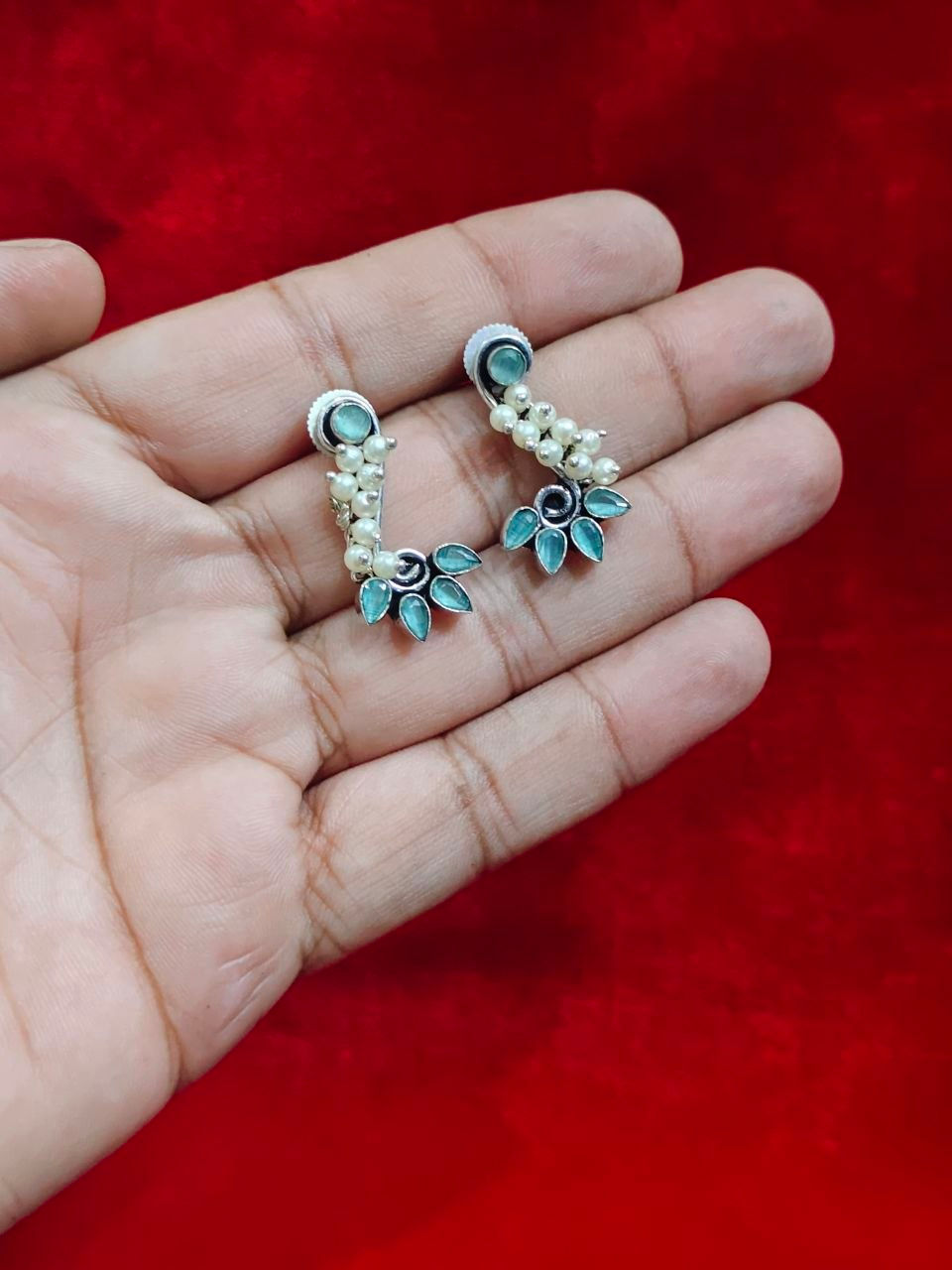 Oxidised Glass Stone Stud with Pearl Work Earrings for Women