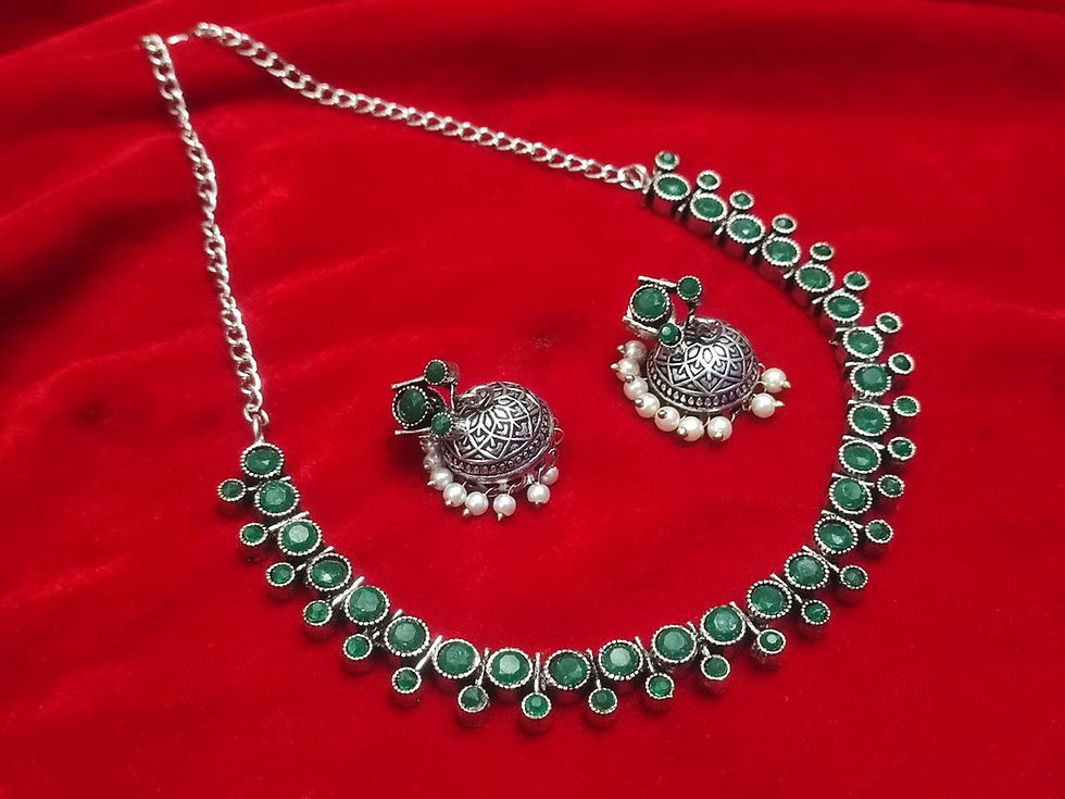Thumbnail: Ornate Beauty: DVASU Oxidized Stone Chokar Necklace & Jhumki Set