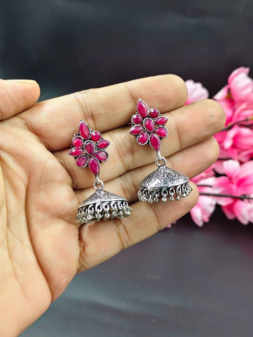 DVASU Oxidised Silver Stone Stud with Jhumki Earring | Traditional Ethnic