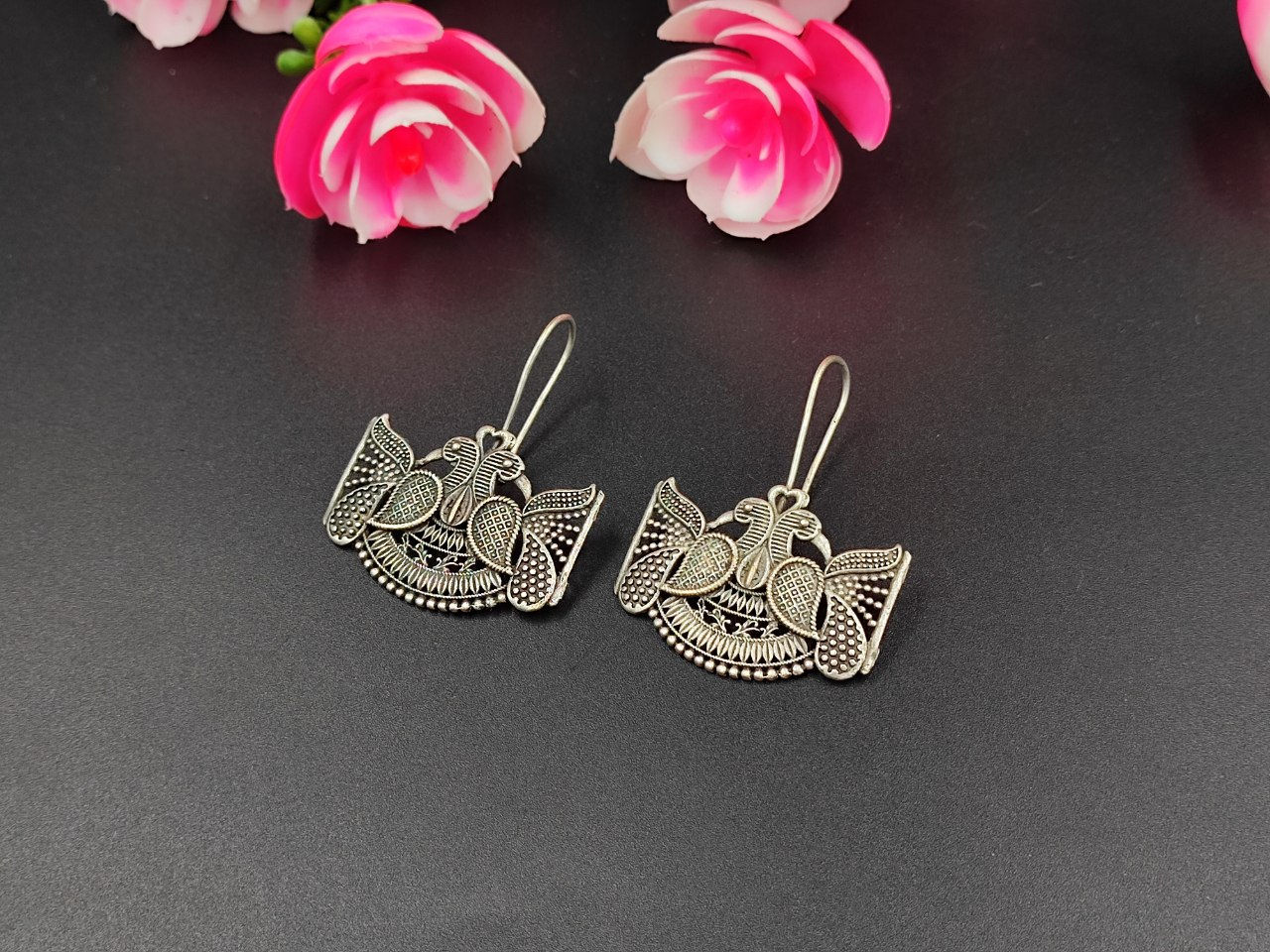 Oxidised Silver Look Like Replica Peacock Lightweight Earrings for Women