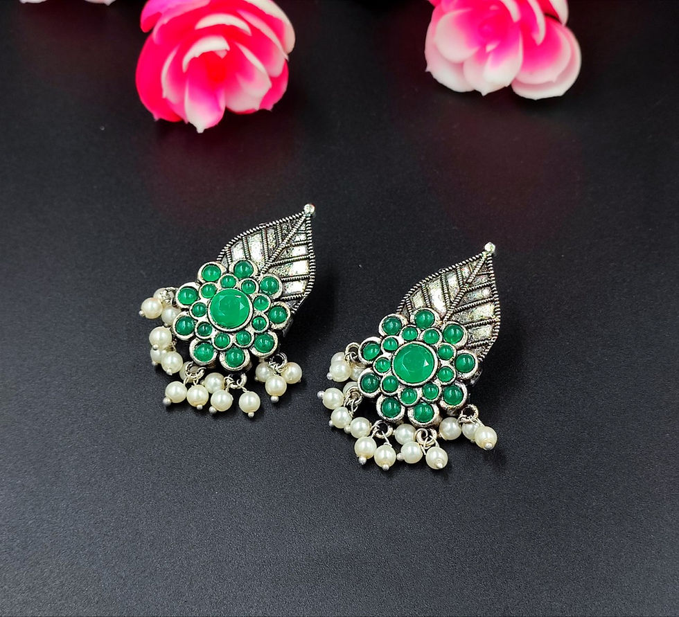 Elegant Oxidised Silver Leaf Design Stud Earrings with Pearls