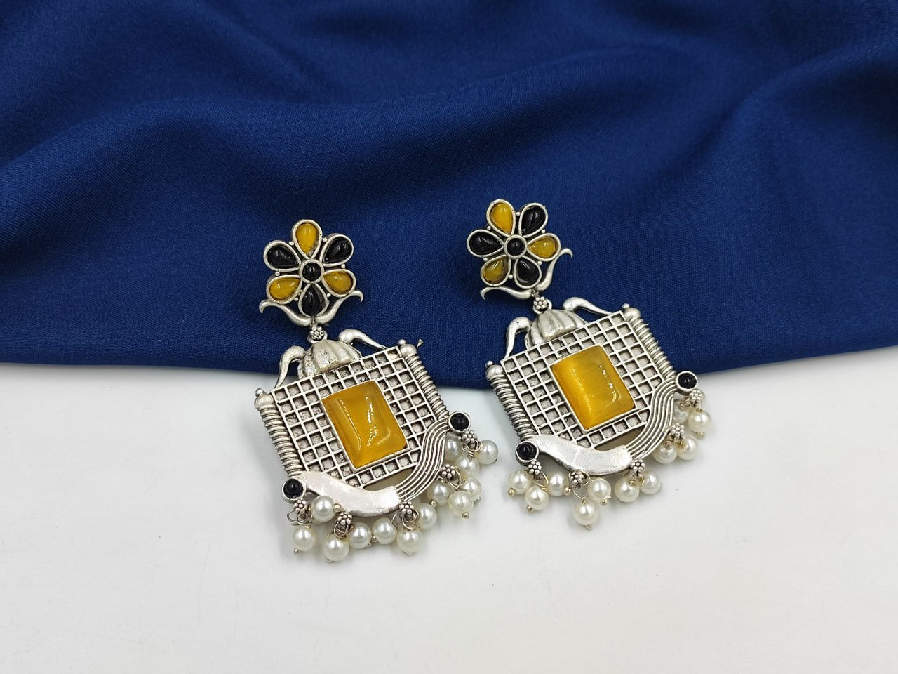 Designer Oxidised Silver Look Like Stone Finish Earrings