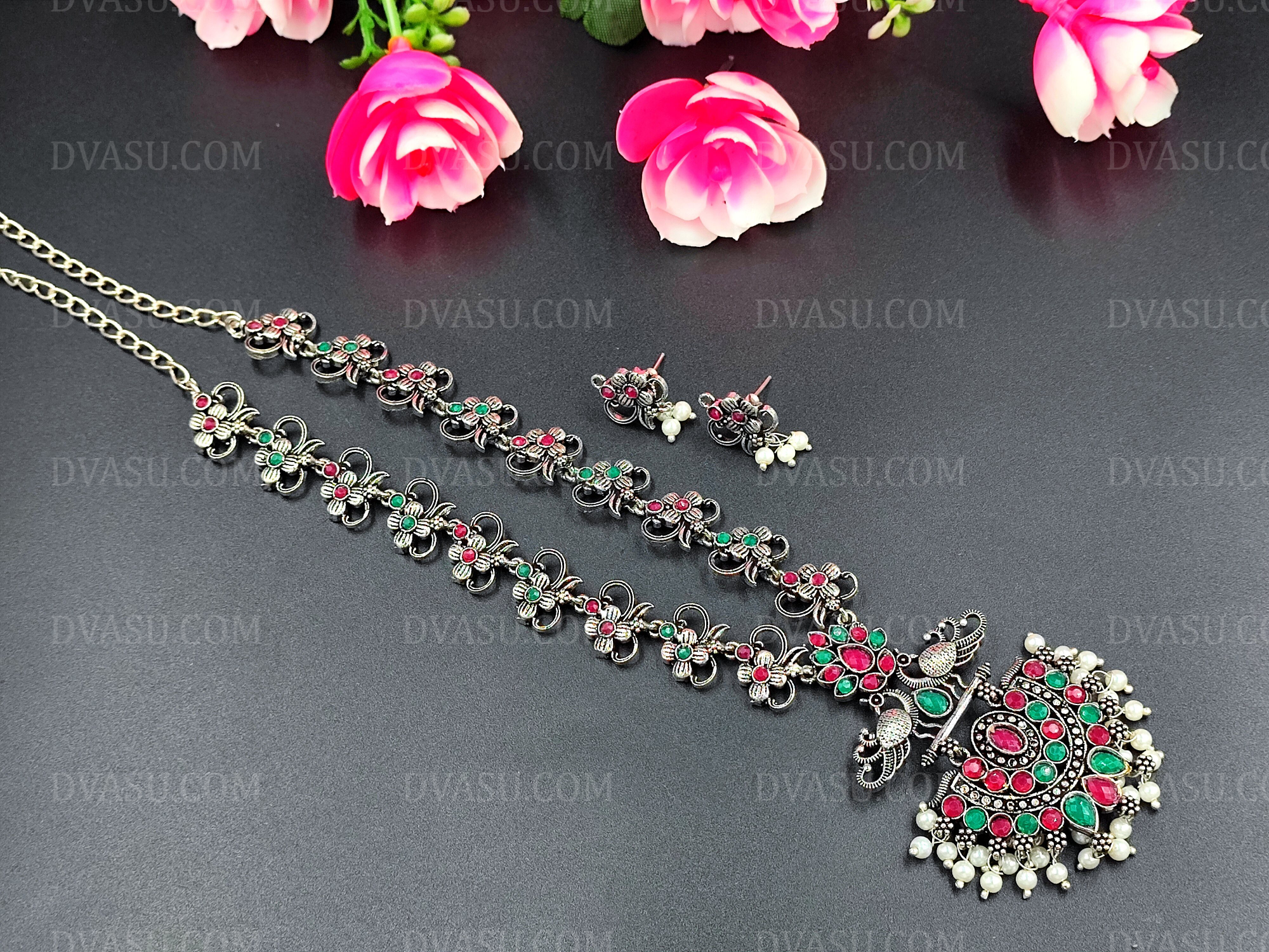 Premium Quality Oxidized Long Stone Necklace with Earring