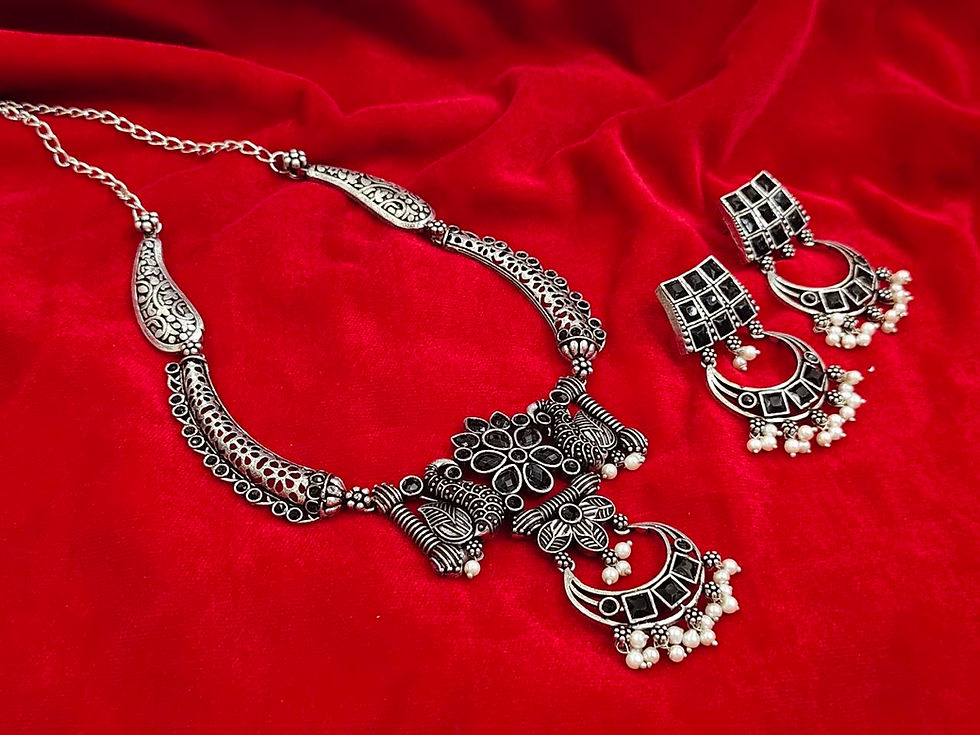 Oxidised Silver Brass Hasli Necklace with Stone Work & Earrings