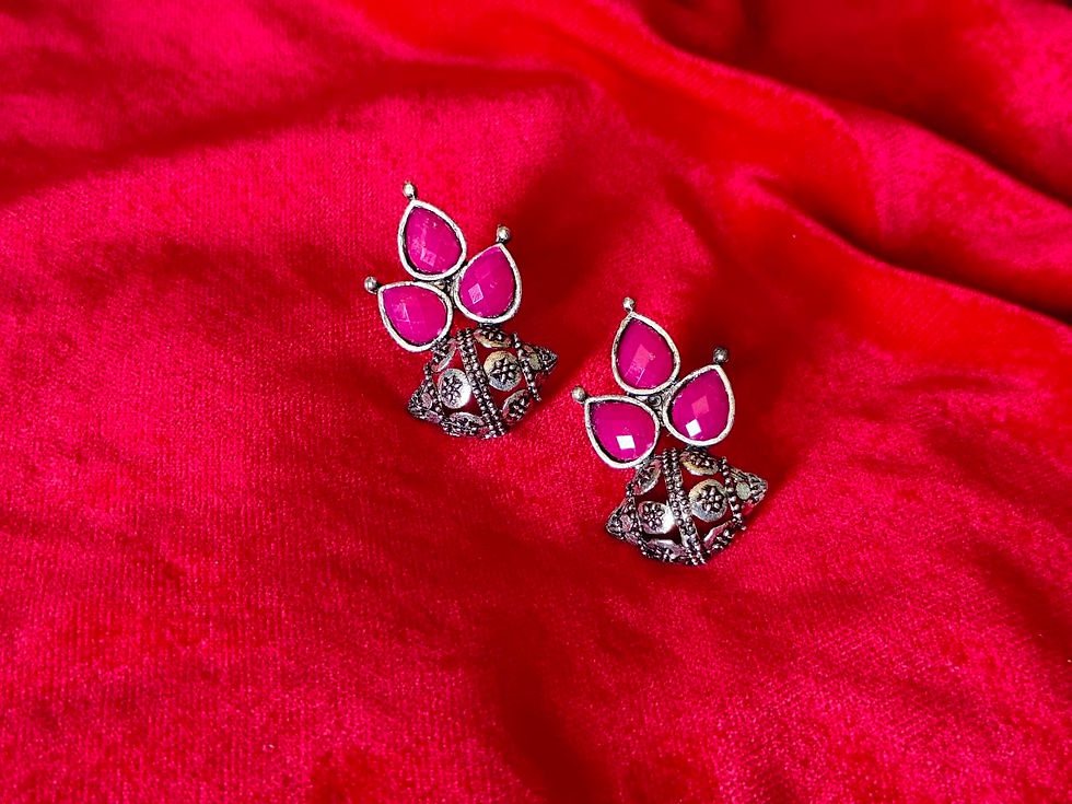 Thumbnail: Oxidised Silver Stone Stud Earrings – Lightweight Ethnic Jewellery