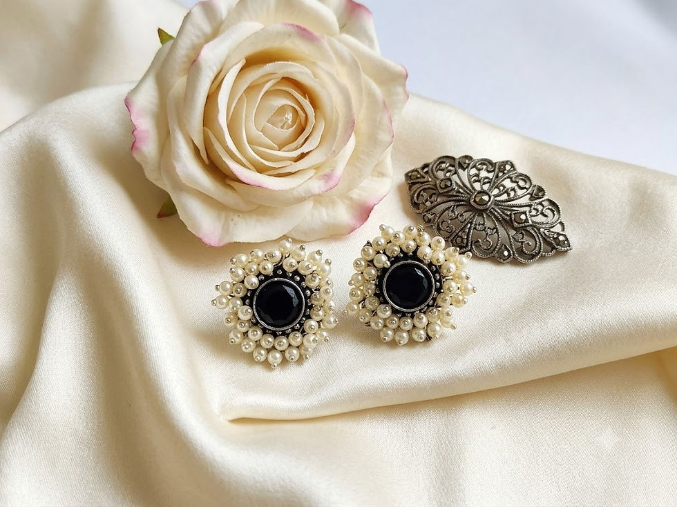 Vintage Black Gemstone & Pearl Cluster Stud Earrings