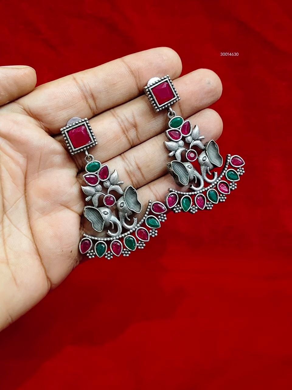 Traditional Elephant Design Oxidised Stone Earrings