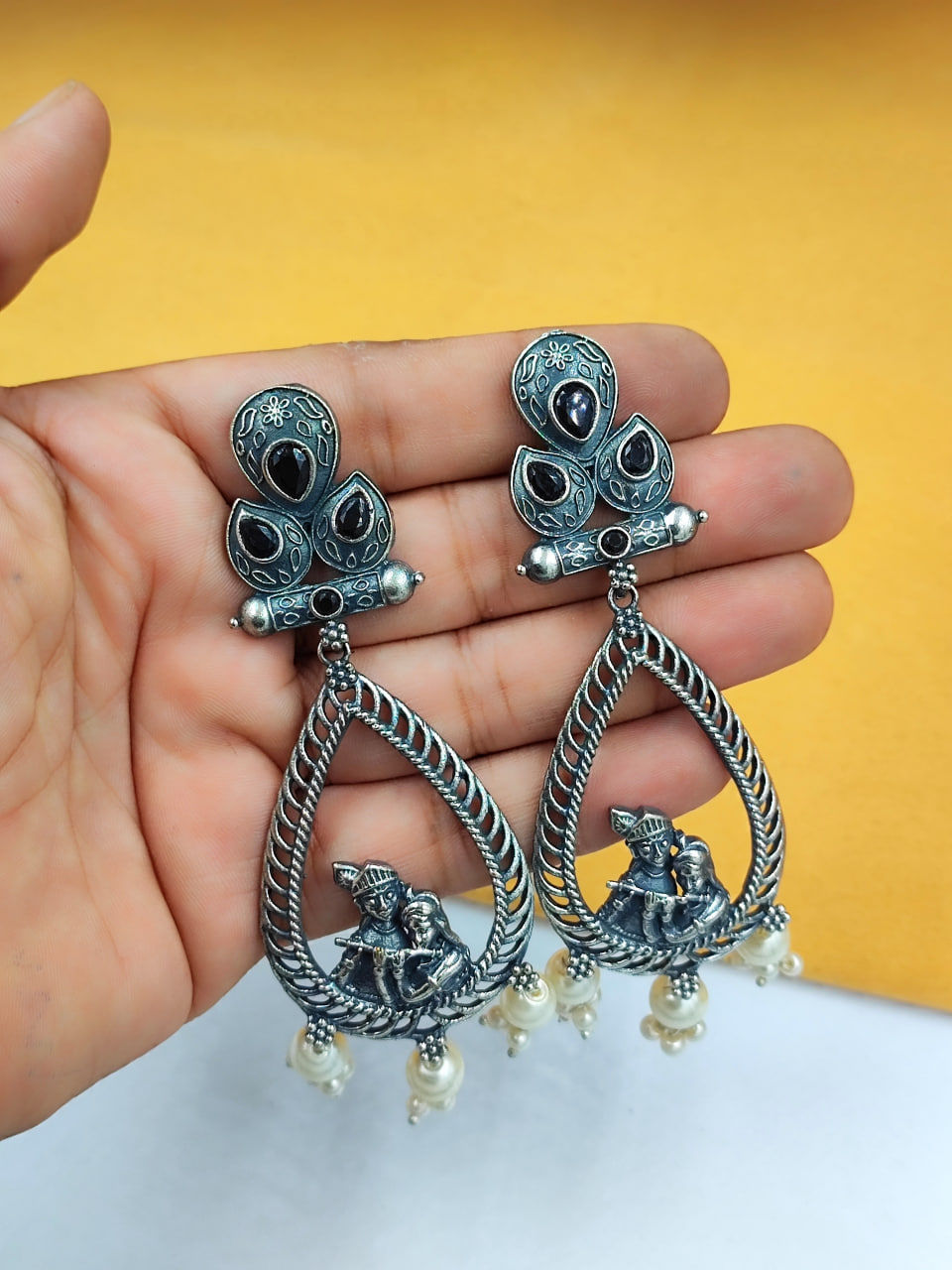 Thumbnail: Divine Oxidised RadhaKrishna Silver look like Earrings