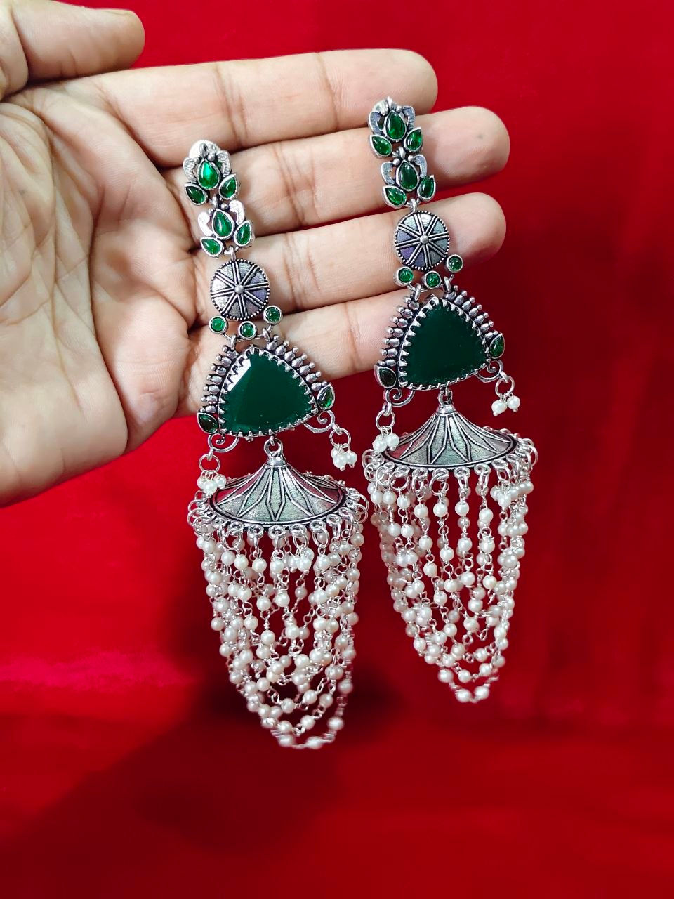 DVASU Designer Oxidised Silver Long Pearl Earrings | Lightweight Ethnic Wear