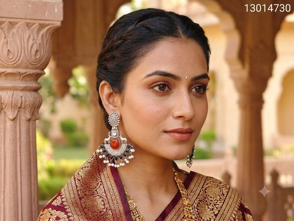 DVASU Oxidised Silver Look Like Replica Peacock Earring with Stone & Pearl Work