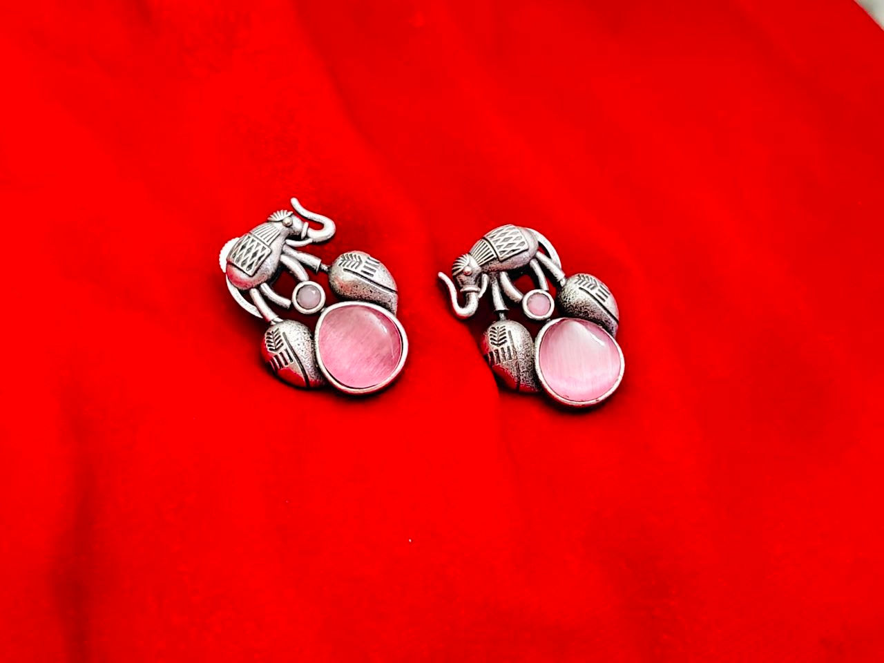 Oxidised Silver Elephant Stone Earrings – Traditional Ethnic Jewelry