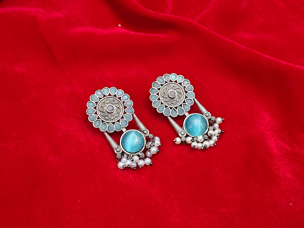 Thumbnail: Oxidised Silver Look Stone Earrings for Women | Ethnic Statement Jewelle