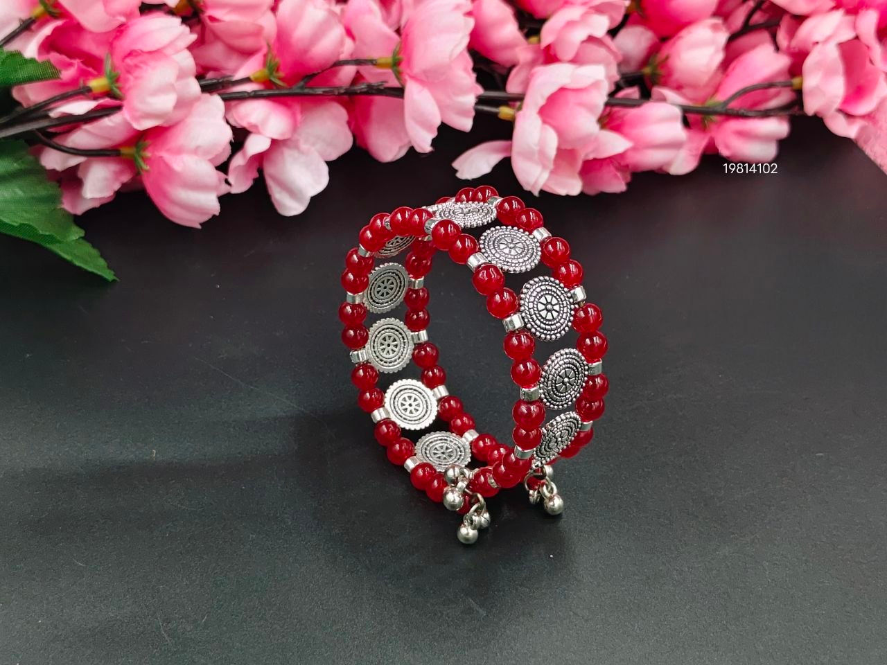 Oxidised Silver Look Flexible Beads Bracelet – Free Size Adjustable