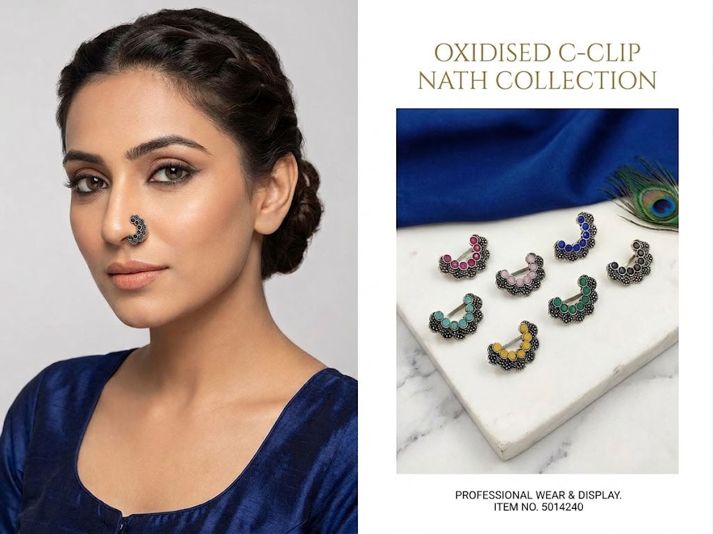 Antique Oxidised Silver Stone Nath – Ethnic Bridal Nose Pin
