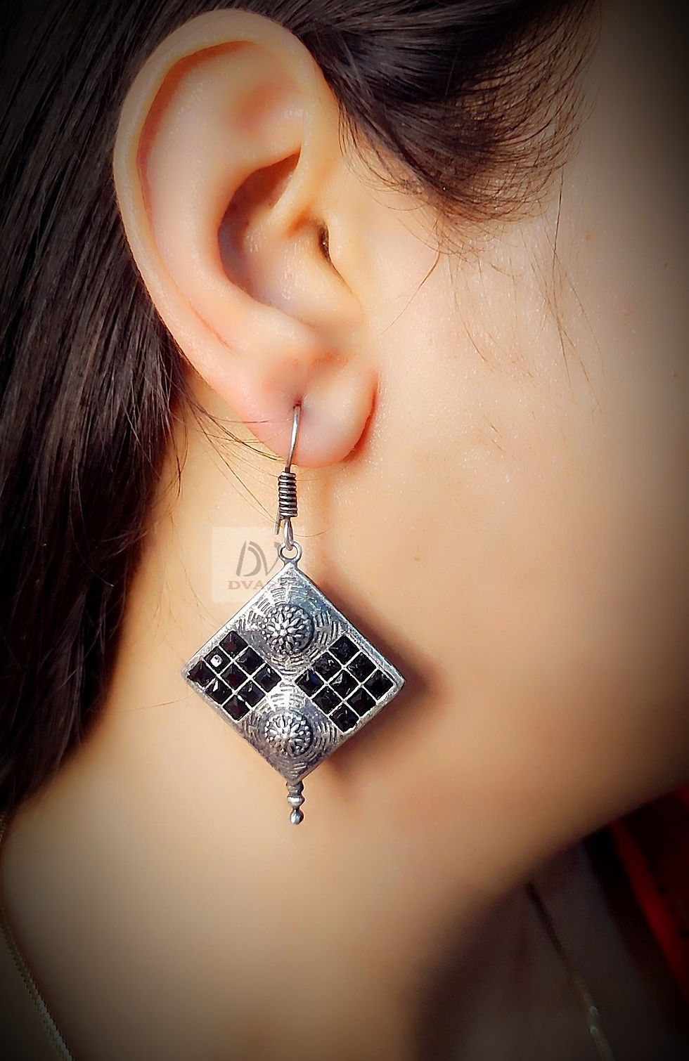 Thumbnail: DVASU Antique Oxidized Silver Square Earrings with Stone Accent