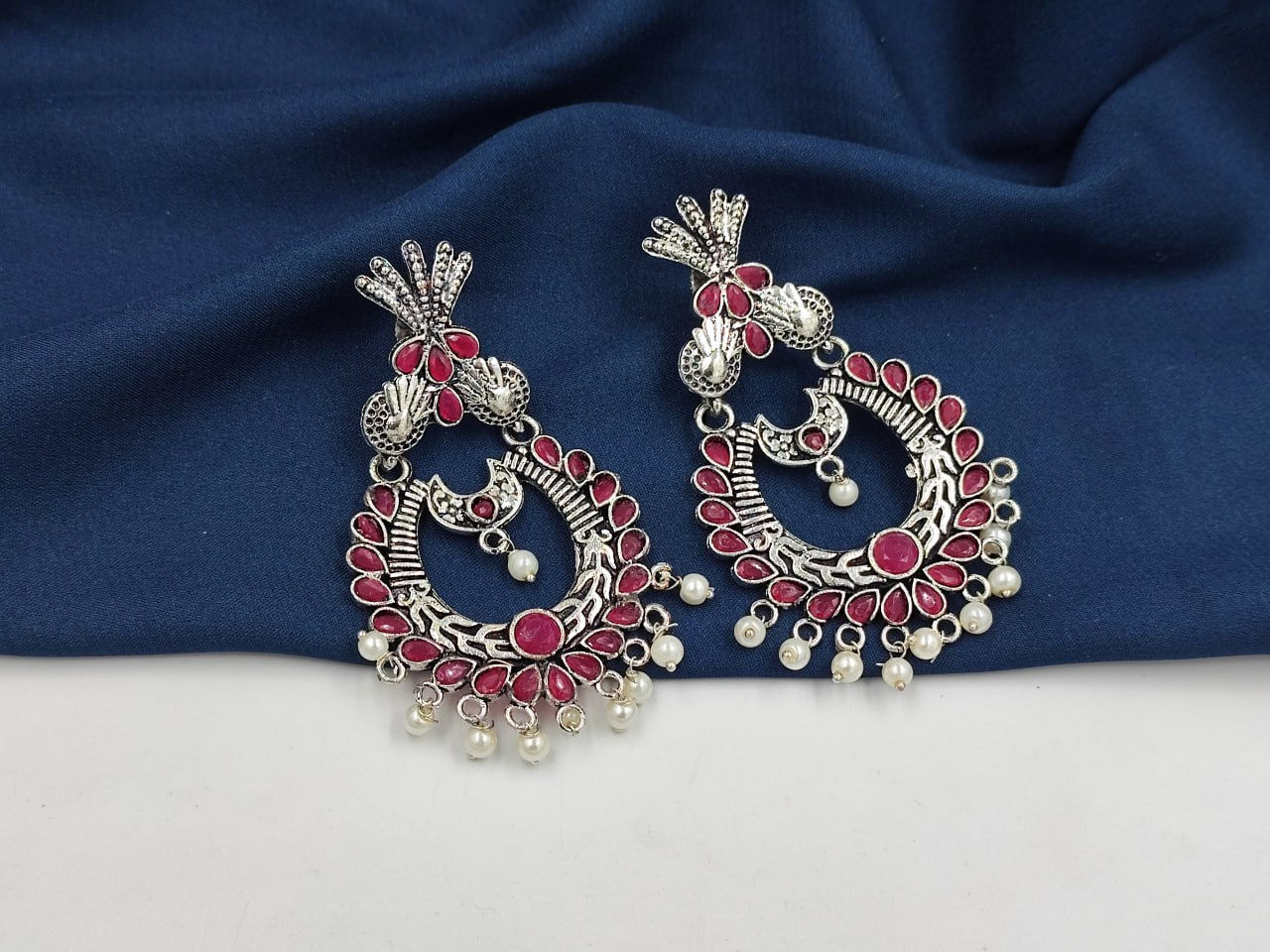 Party Wear Oxidised Silver Stone Earrings