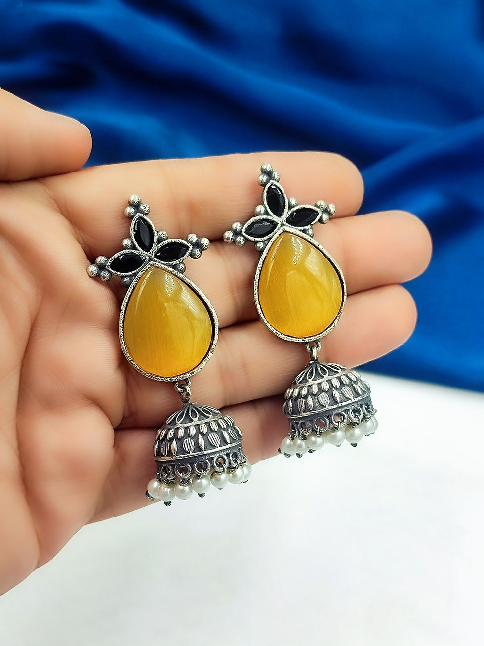 Thumbnail: Dvasu Oxidized Replica Stone Earring with Jhumki Pearl work