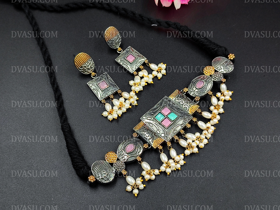 Premium Quality Silver Look Like Dual-Tone Oxidized Chokar Stone Necklac