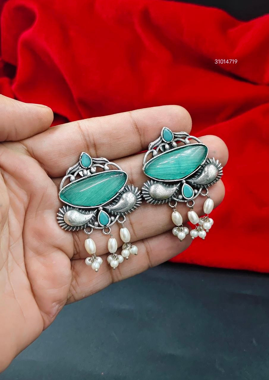 Oxidised Silver Look Black Polish Replica Stone Pearl Work Earrings