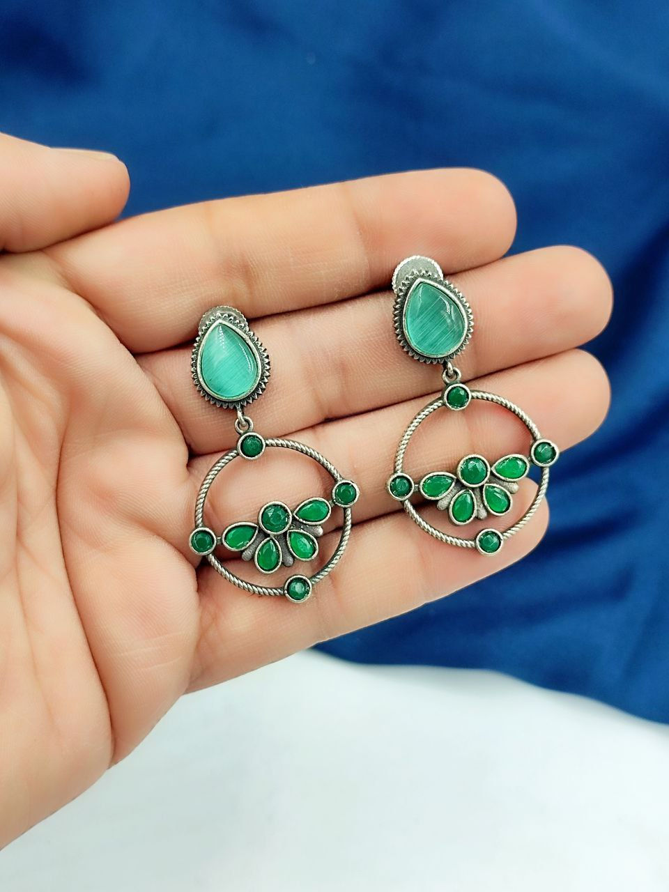 Oxidised Silver Light Weight Stone Earrings for Women