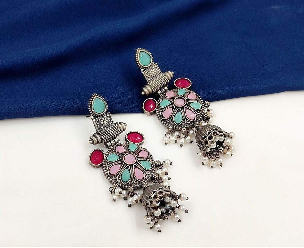 Thumbnail: Oxidised Silver Look Like Stone Jhumki Earrings for Women