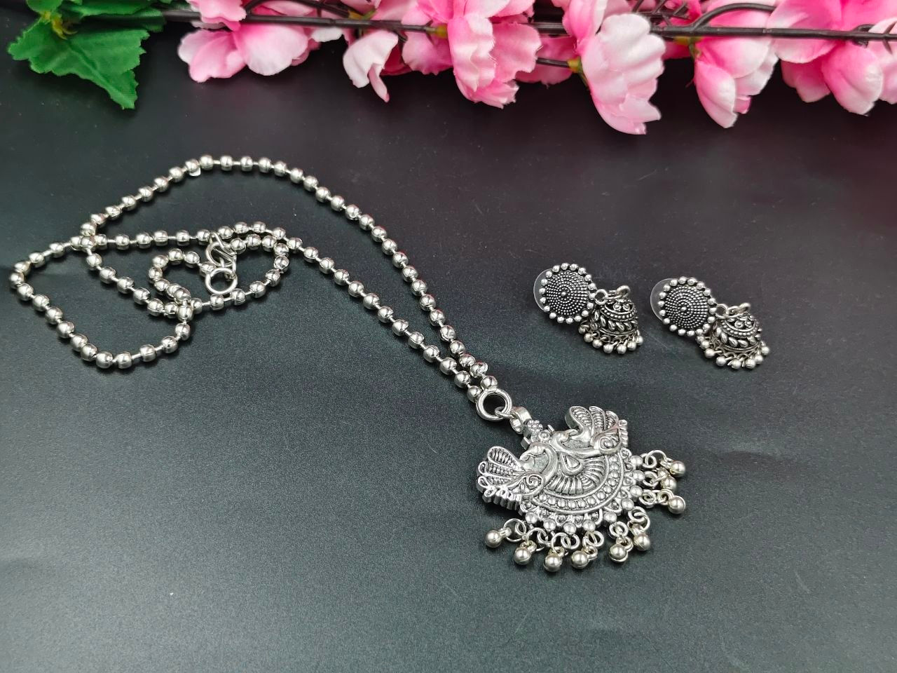 DVASU Oxidised Silver Peacock Chain Necklace with Jhumki Earrings