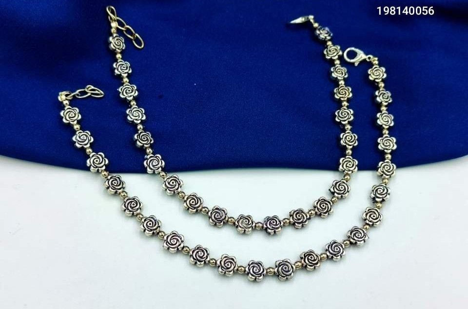 Oxidised Silver Flower Bead Anklet for Women