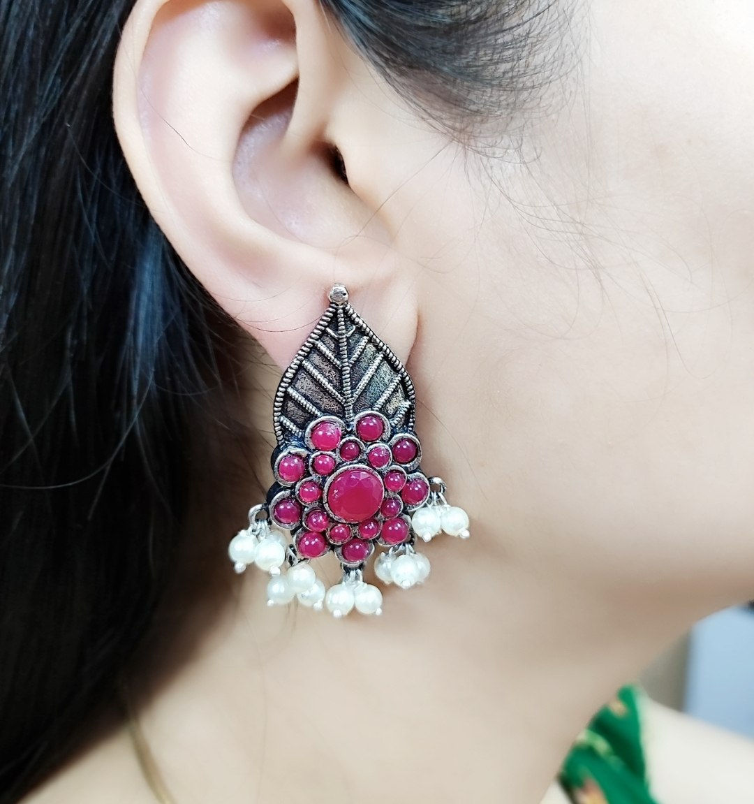 Elegant Oxidised Silver Leaf Design Stud Earrings with Pearls