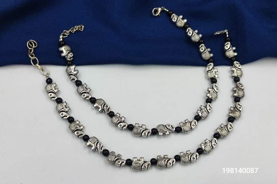 Oxidised Silver Elephant Bead Anklet for Women
