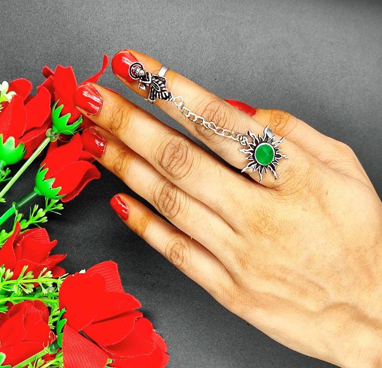 Oxidised Krishna Double Finger Ring with Chain | Adjustable Statement Ring