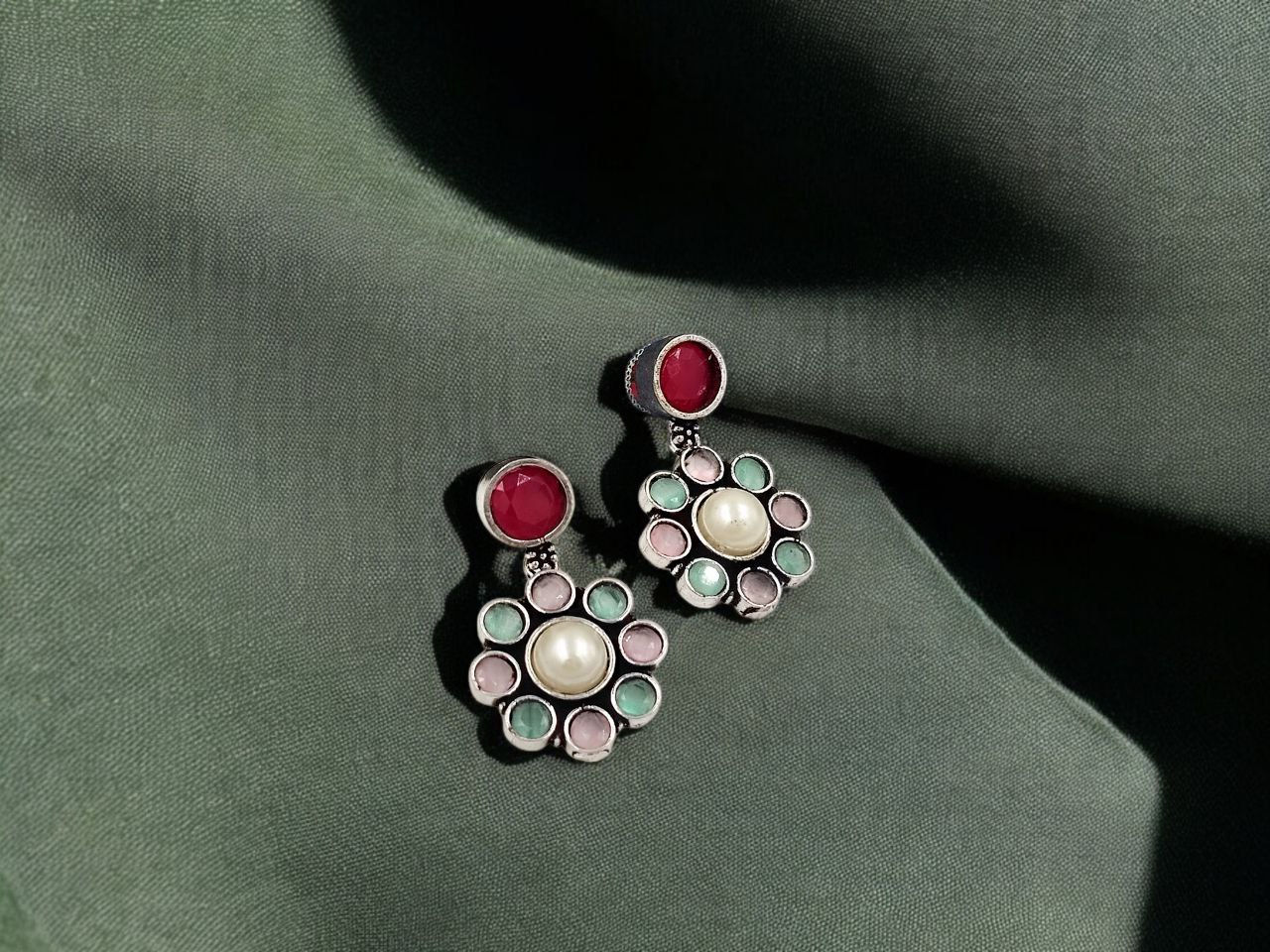 DVASU Antique Charm: Oxidized Circular Stone Earrings