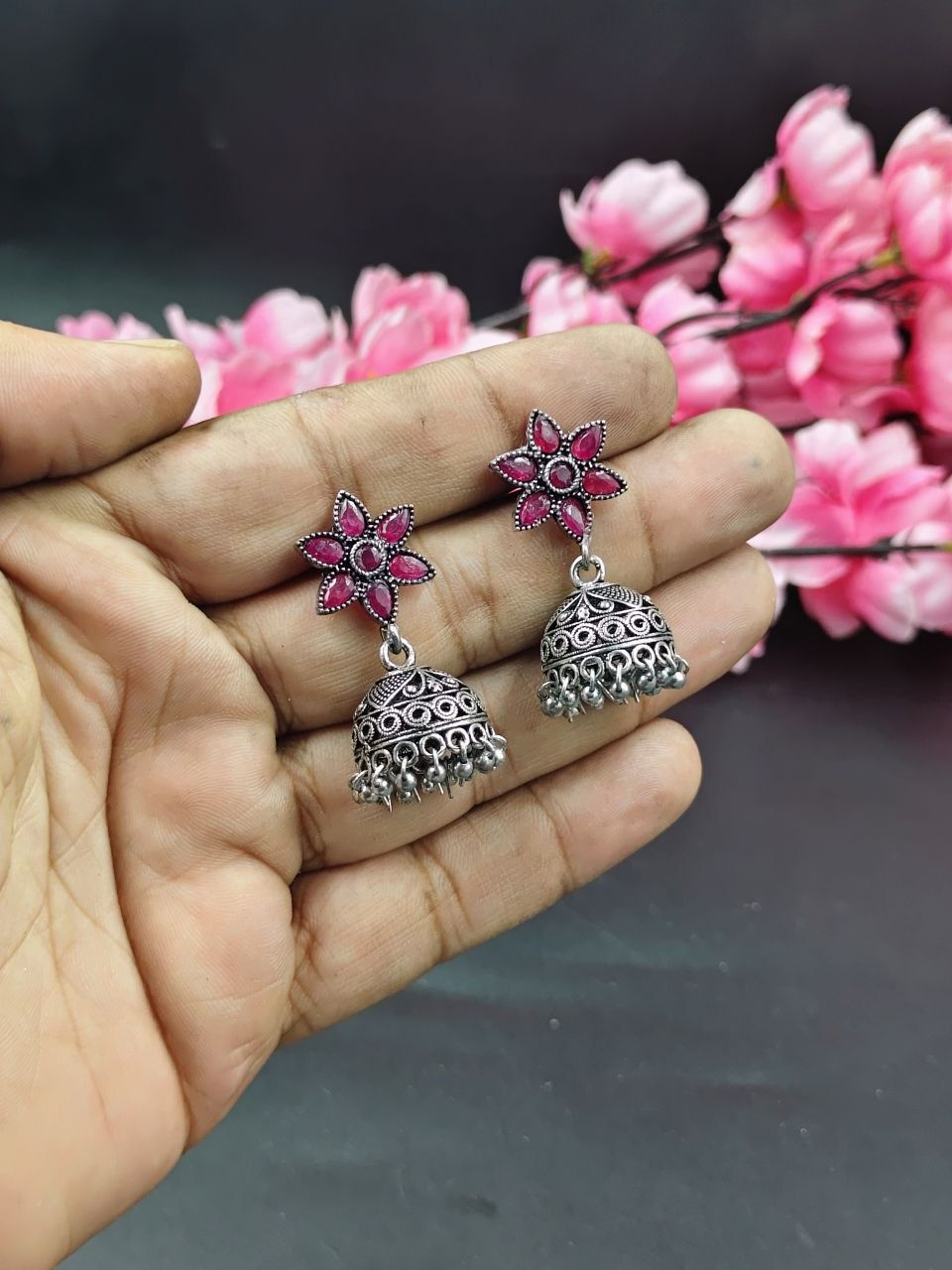 DVASU Oxidised Silver Stone Stud Tops with Jhumki Earrings