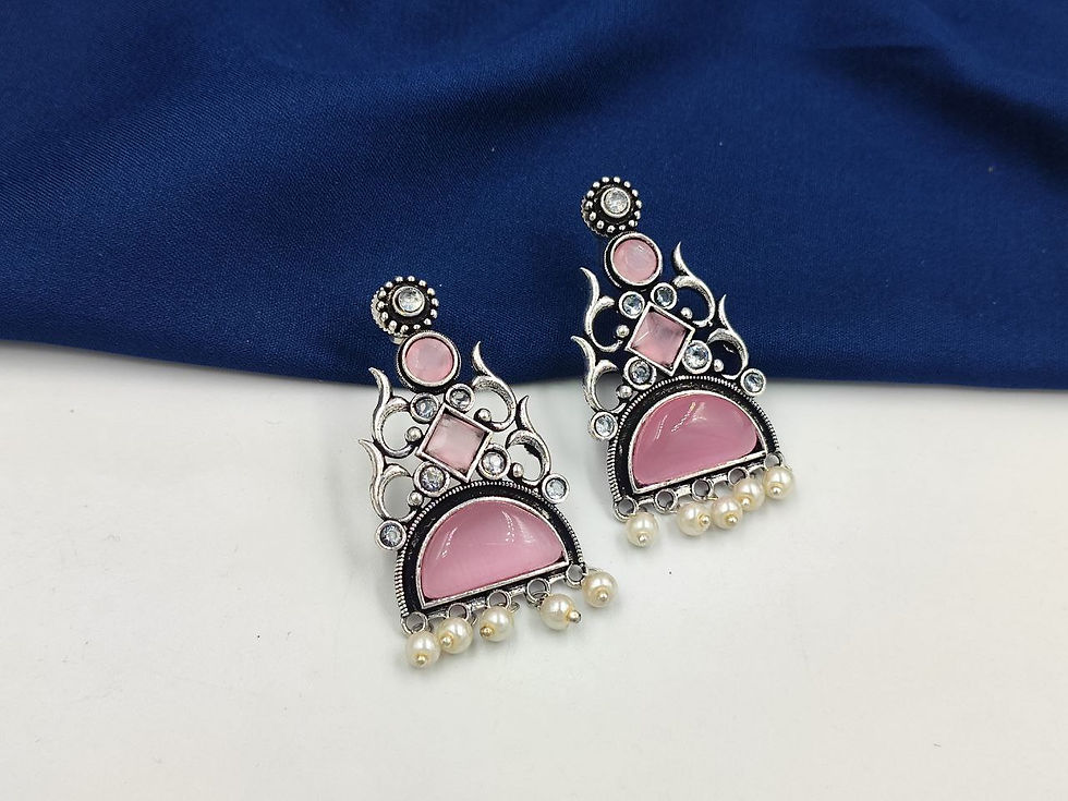 Thumbnail: Oxidised Silver Glass Stone Earrings – Vintage Ethnic Design