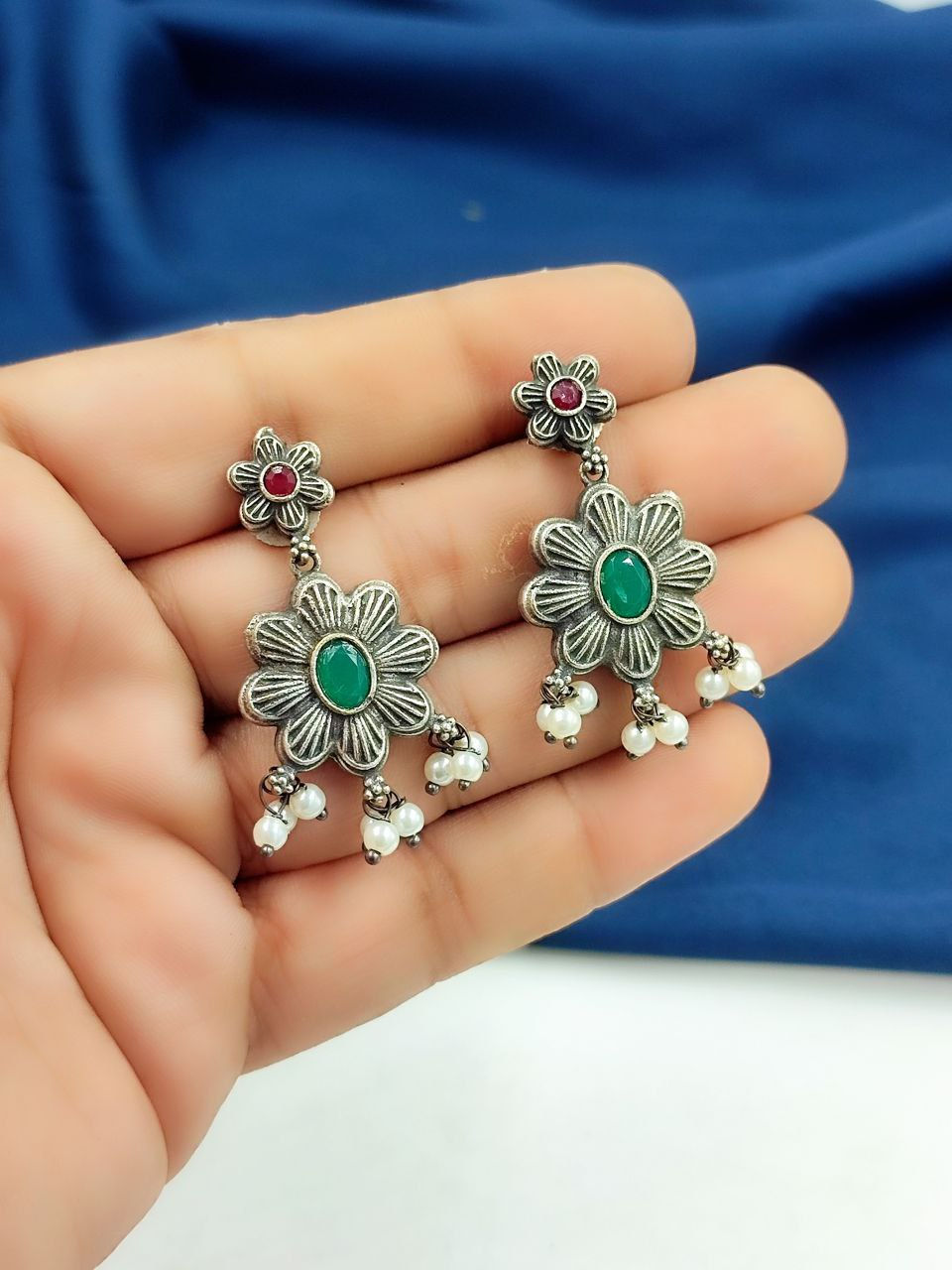 Oxidised Silver Flower Stone Earrings for Women