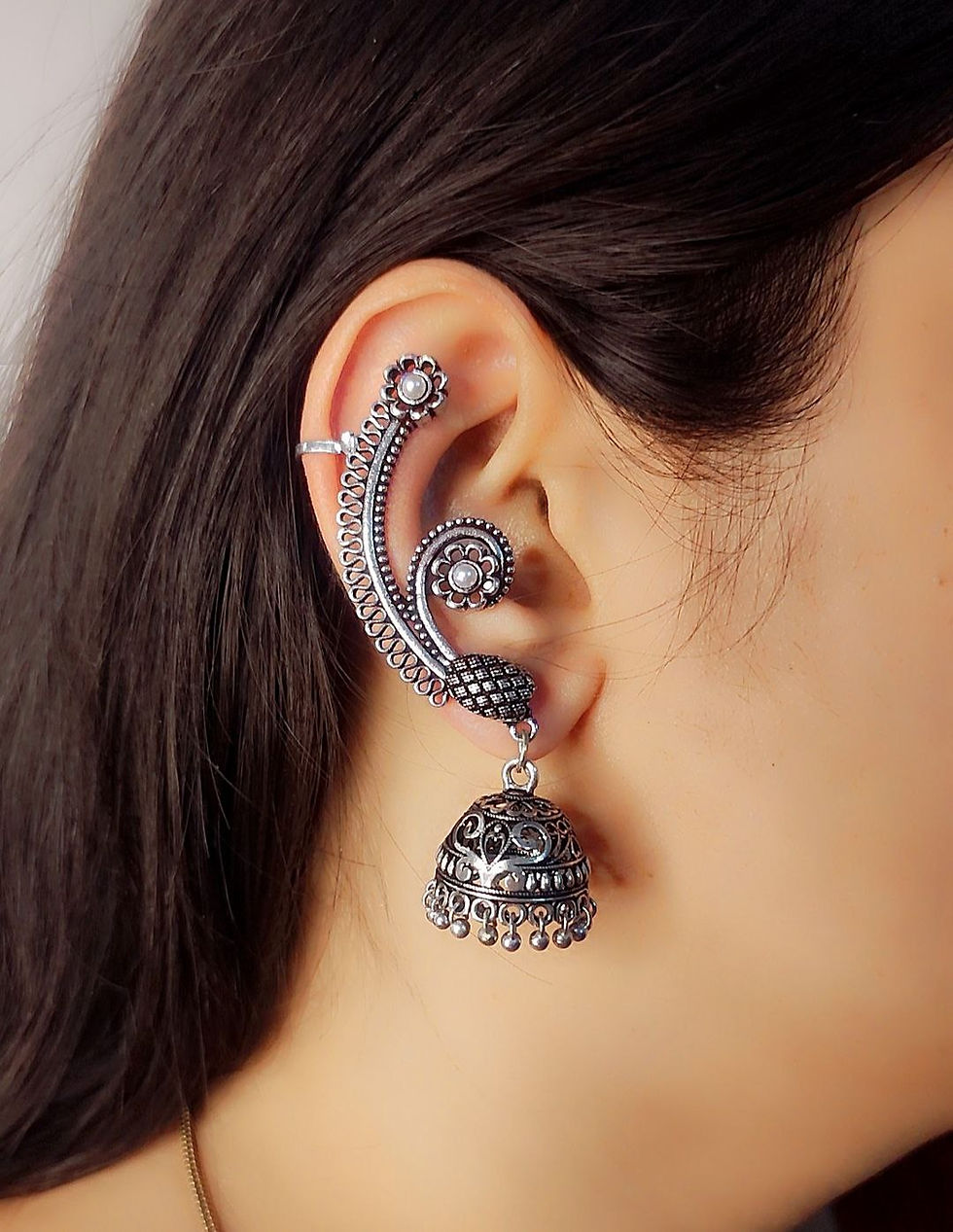 DVASU Traditional Oxidised Silver Jhumki Earcuff Earrings