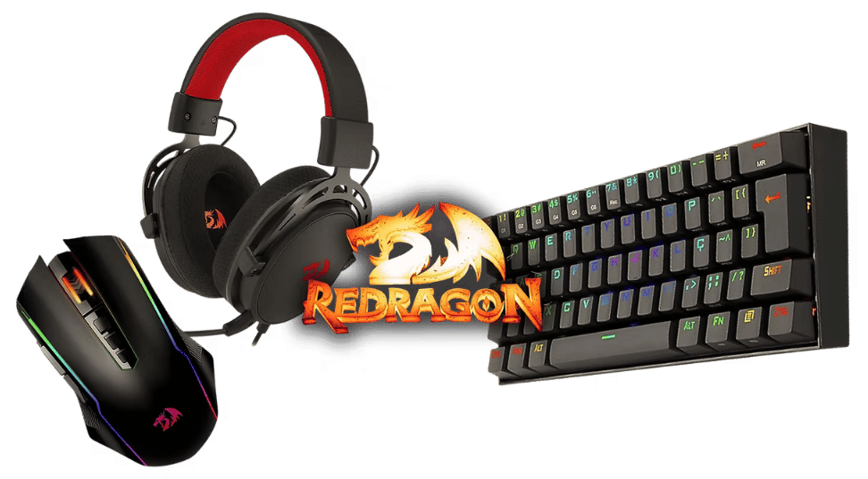 Banner da Marca Redragon com um headset gamer, um mouse gamer e um teclado mecânico.