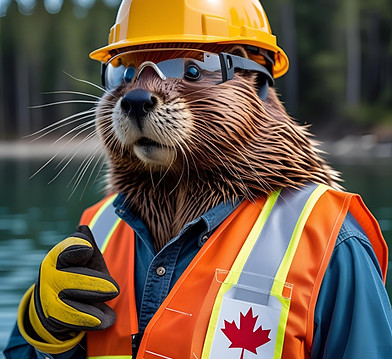 Beaver wearing hard hat, safety glasses, work gloves and traffic vest with Canadian Flag o