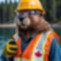 Beaver wearing hard hat, safety glasses, work gloves and traffic vest with Canadian Flag o