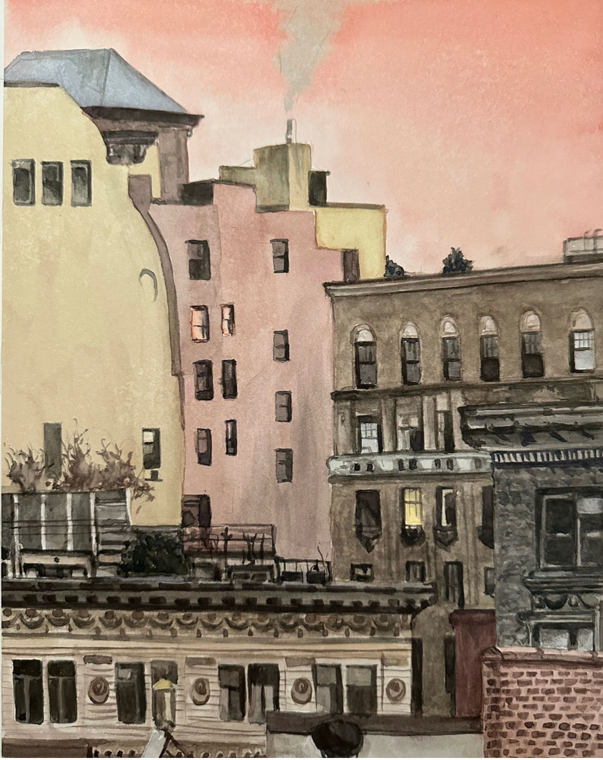 Bedroom View Upper West Side NYC watercolor on paper