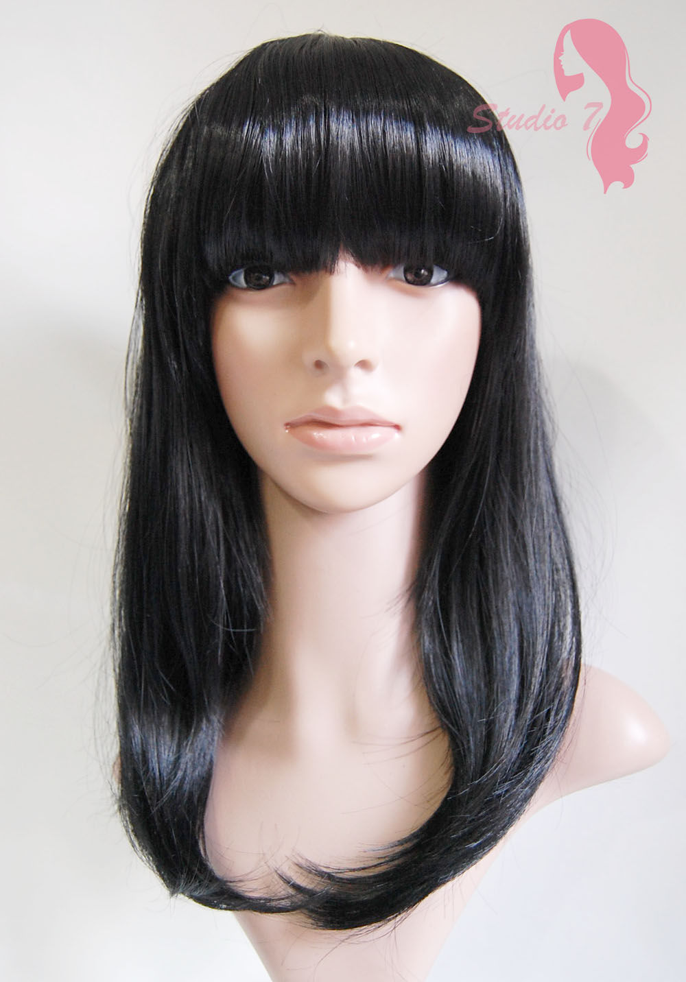 W73 Jet Black Straight Fringe Full Wig
