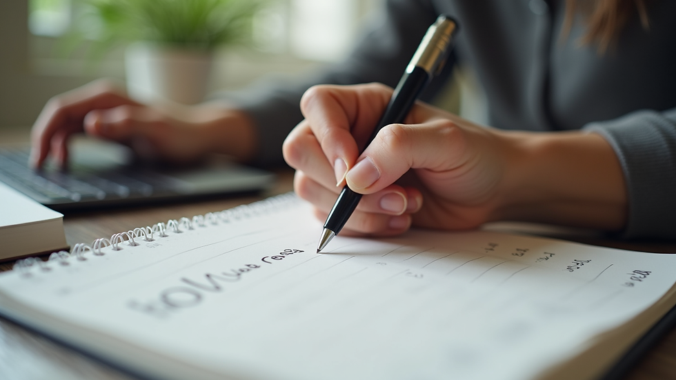 Close-up view of a person writing goals in a journal during an online coaching session