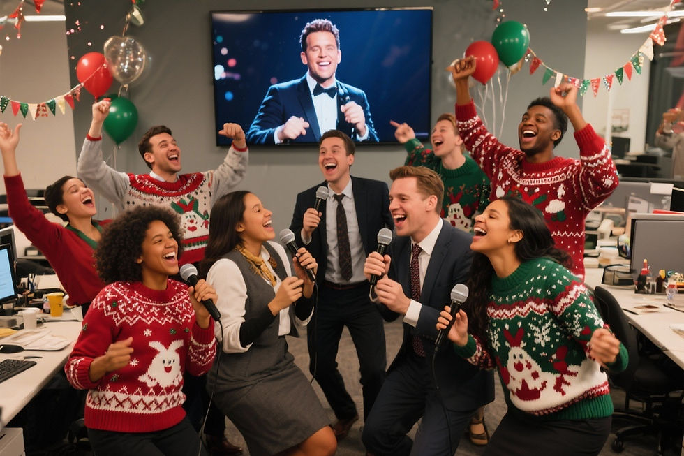 Coworkers enjoying a karaoke session at an office holiday party