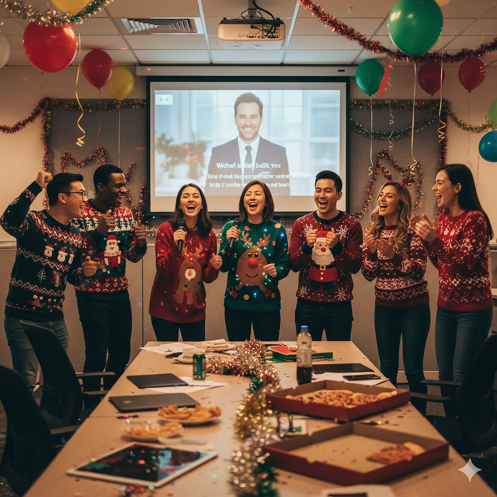 The office team is enjoying and singing at the Christmas party