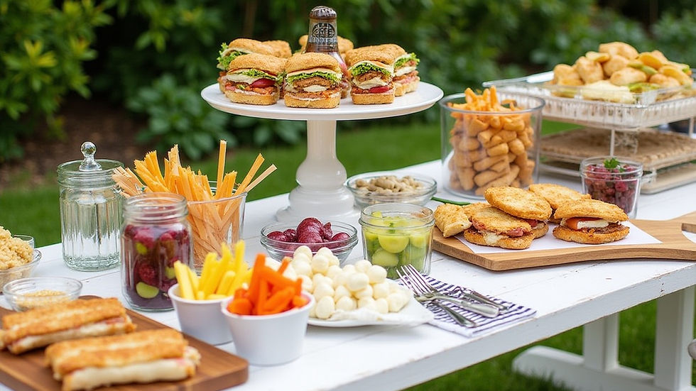 Graduation party menu table beautifully arranged with a variety of sliders, mini sandwiches, wraps, and colorful crudités with dipping sauces.