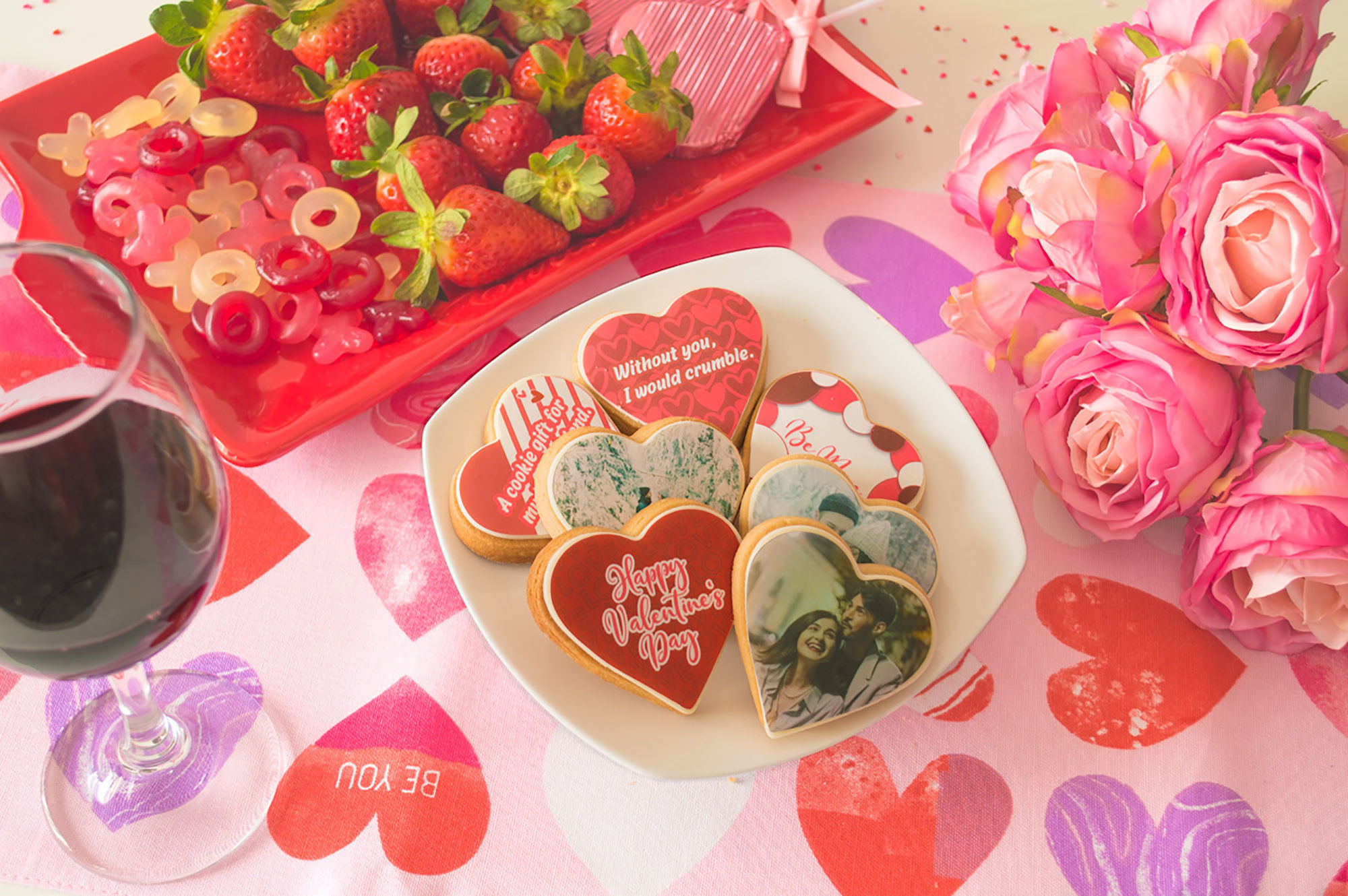 Handcrafted Valentine’s Day cookies with love themes.