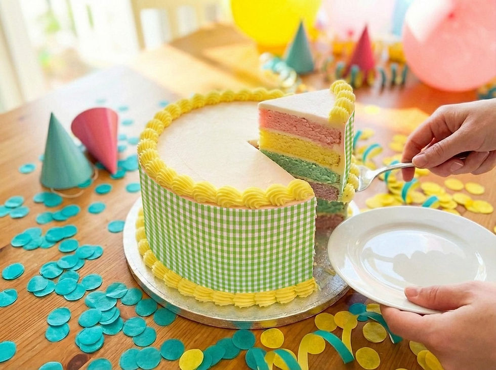 Layered Gingham pattern cake with green checkered sides and yellow icing. A slice is being served. Colorful confetti and party hats on wooden table.