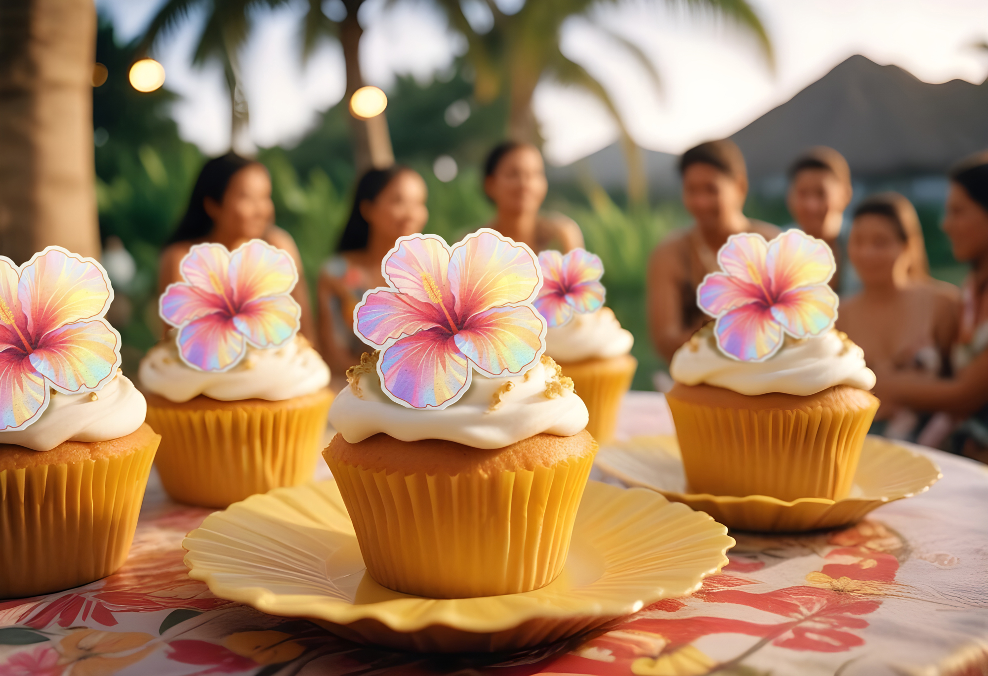 Edible hibiscus flower cake toppers for a luau party