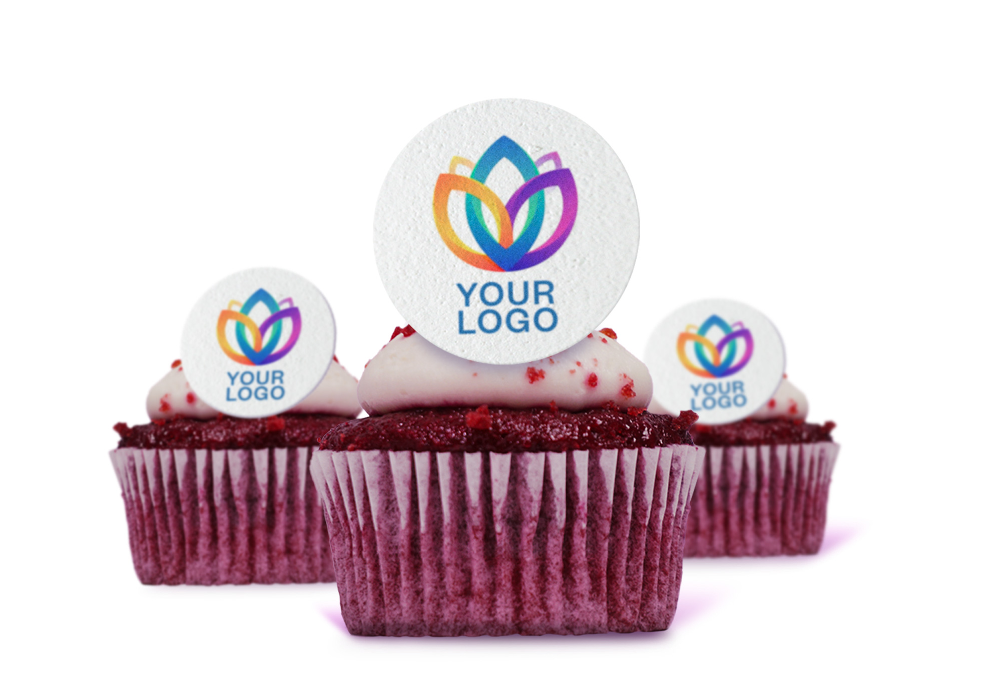 Edible cupcake toppers printed with a business logo